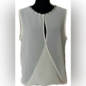 BLVD Sheer Bejeweled Off-White Cream Criss-Cross Sleeveless Top